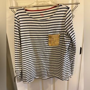 Boden White and Black Striped Tee with Gold Pocket